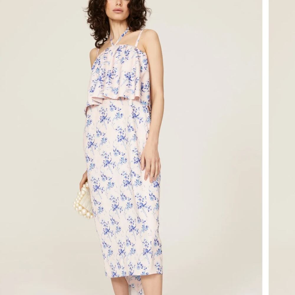Osman Yousefzada Pink Floral Halter Midi Dress XS Party Vacation Designer $300